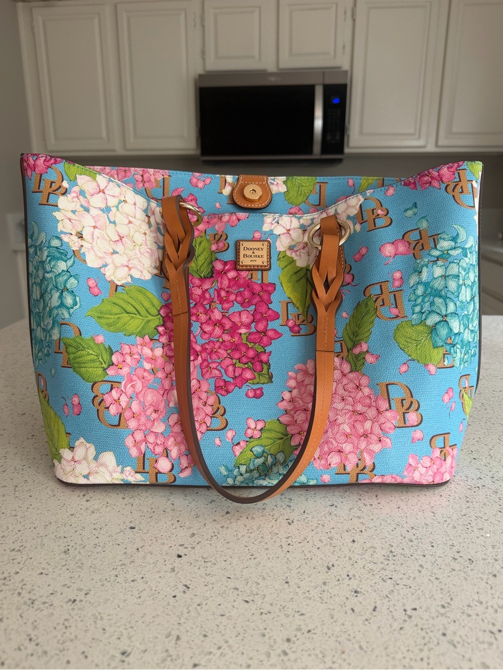 Dooney & Bourke Bright Blue Floral Hydrangea Tote with Tan Straps